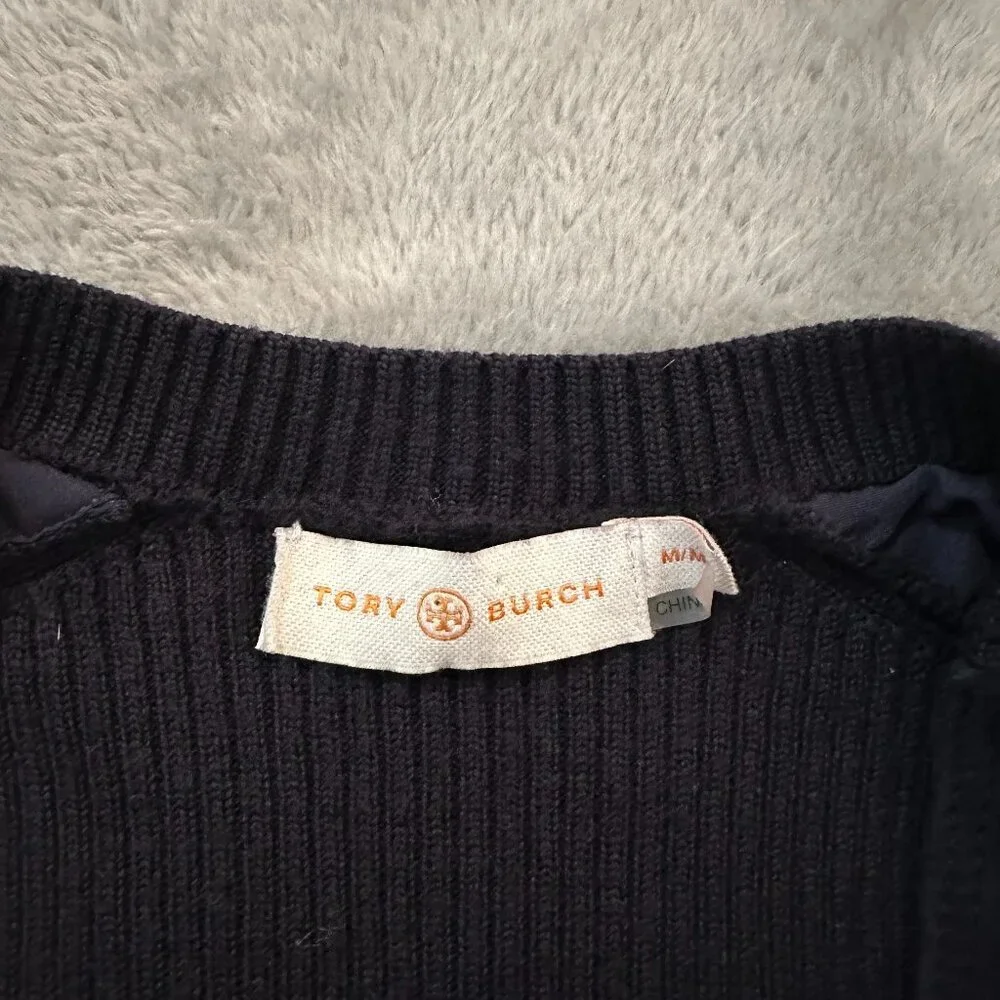 Tory Burch Black Long Sleeve Sweater Top Lambs Leather Ribbed Knit MEDIUM